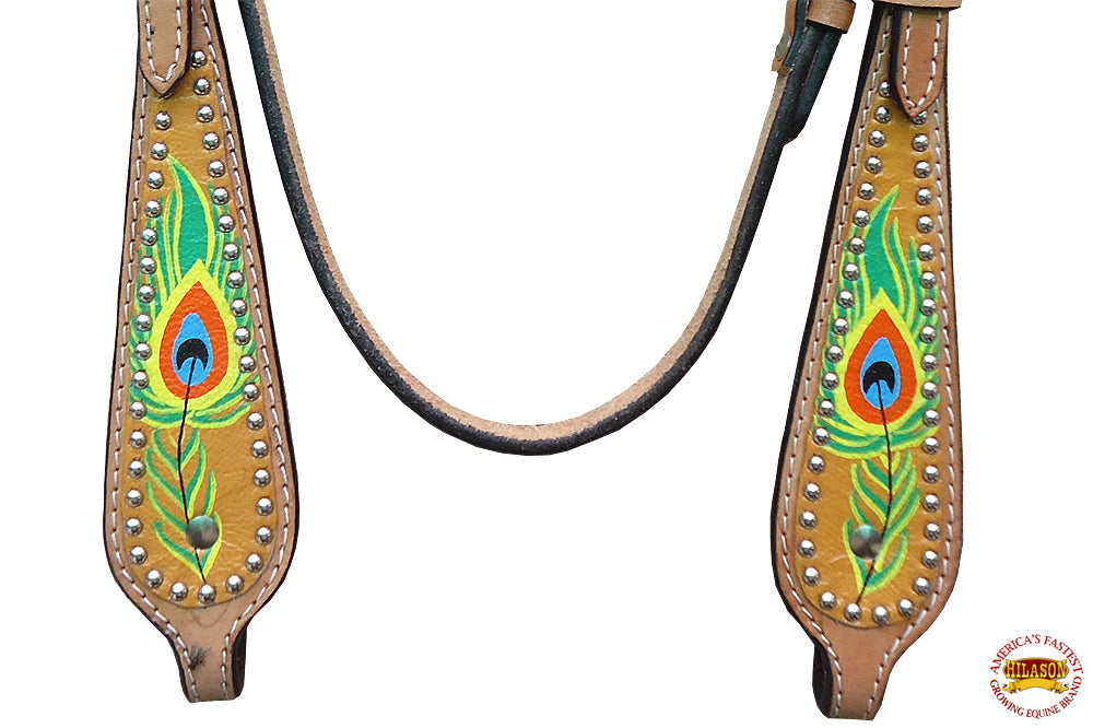 Hilason Western Horse Headstall Bridle American Leather Peacock Feather