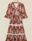 Floral Boho Belted Stripe Trim Tiered Maxi Dress