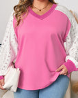 Plus Size Lace Patchwork Long Sleeve V-Neck Top
