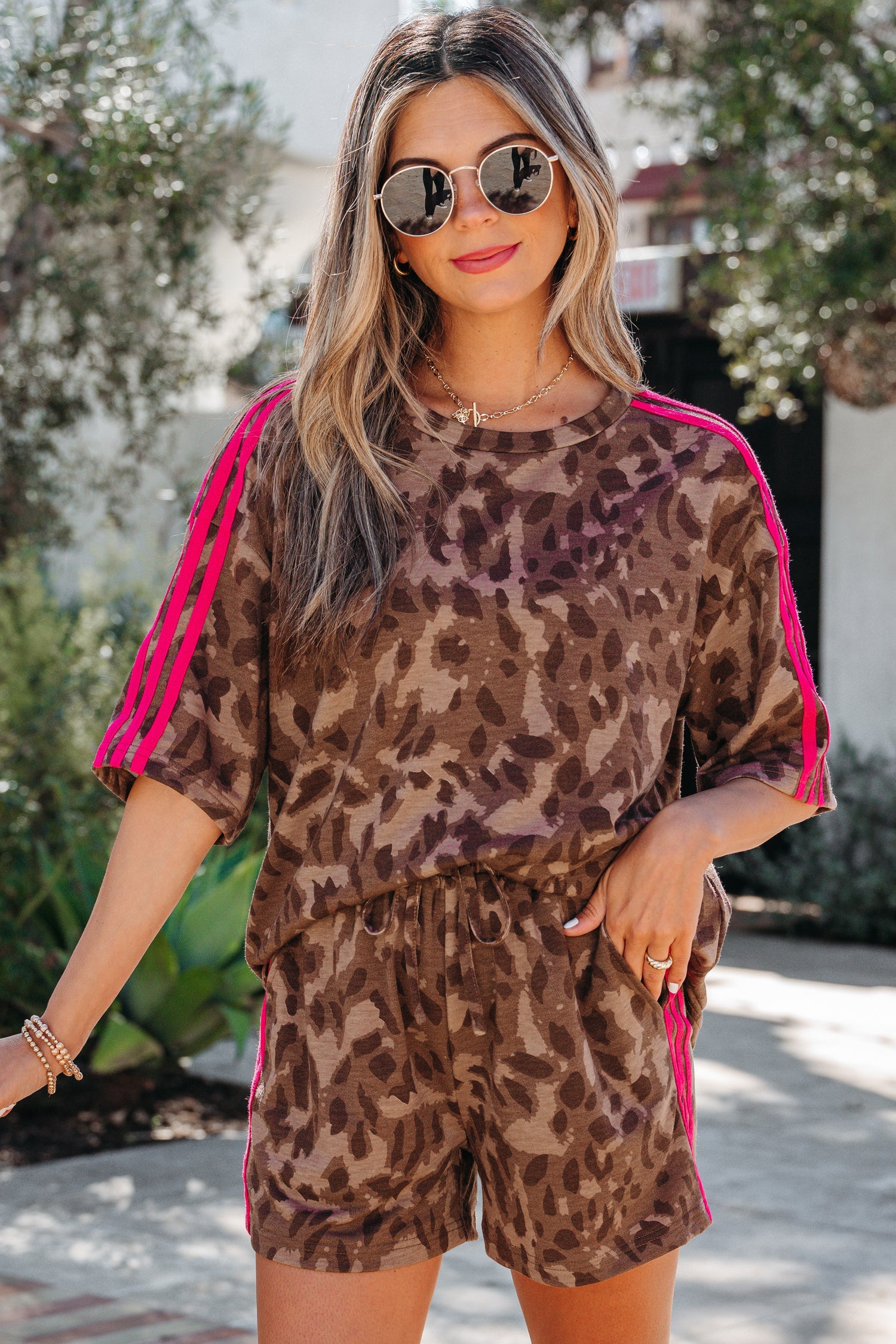 Leopard Contrast Stripe Tee &amp; Shorts Set