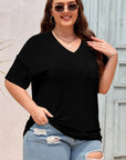 Plus Size Solid Corded Knit V-Neck T-Shirt