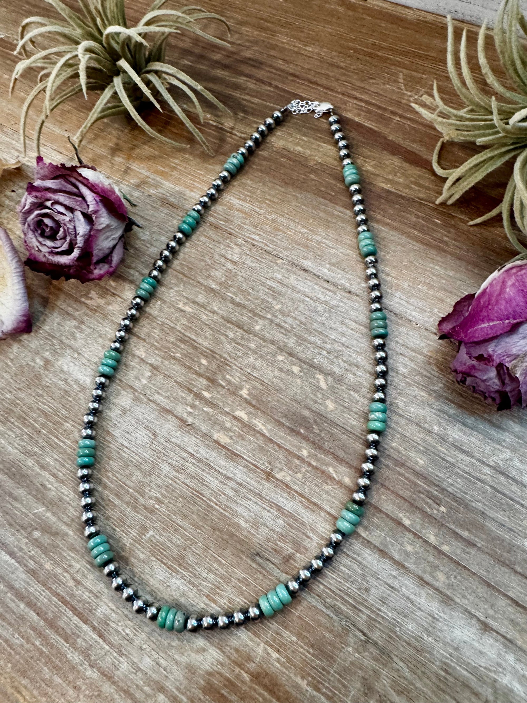 Green Turquoise &amp; Sterling Silver Pearl Necklace – 5mm – Handmade by The Bijoux FAB – 19"
