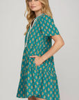 Floral Contrast Trim V-Neck Short Sleeve Dress