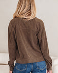 Solid Corduroy Lapel Collar Zip-Up Buttoned Jacket