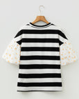 Stripe Floral Patchwork Puff Sleeve Blouse