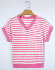 Stripe Textured Knit V-Neck Short Sleeve Top