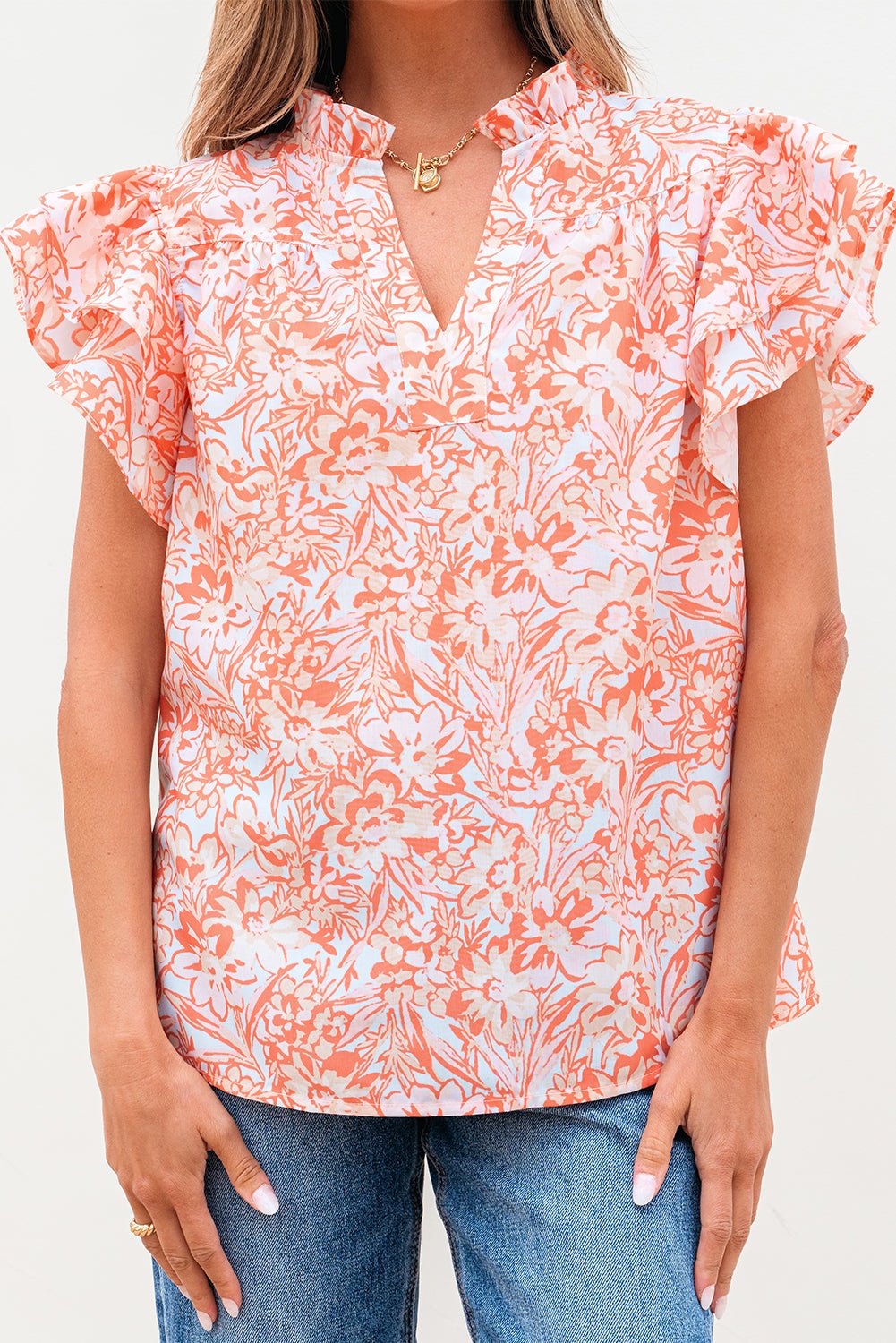 Nancy Floral Ruffle Sleeve Split Neck Blouse