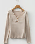Solid Ribbed Lace Neckline Long Sleeve Top