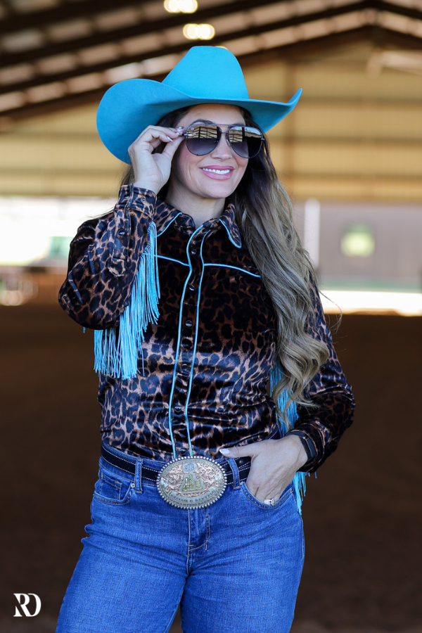 LEOPARD &amp; FRINGE VELVET PERFORMANCE RODEO SHIRT