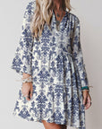 Boho Floral Lettuce Trim 3/4 Sleeve Mini Dress