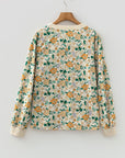 Floral Button Notch V-Neck Long Sleeve Top