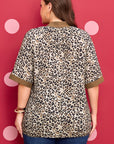 Plus Size Leopard Patchwork Crinkled V-Neck Blouse