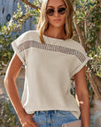 Crochet Insert Crinkle Gauze Short Sleeve Blouse