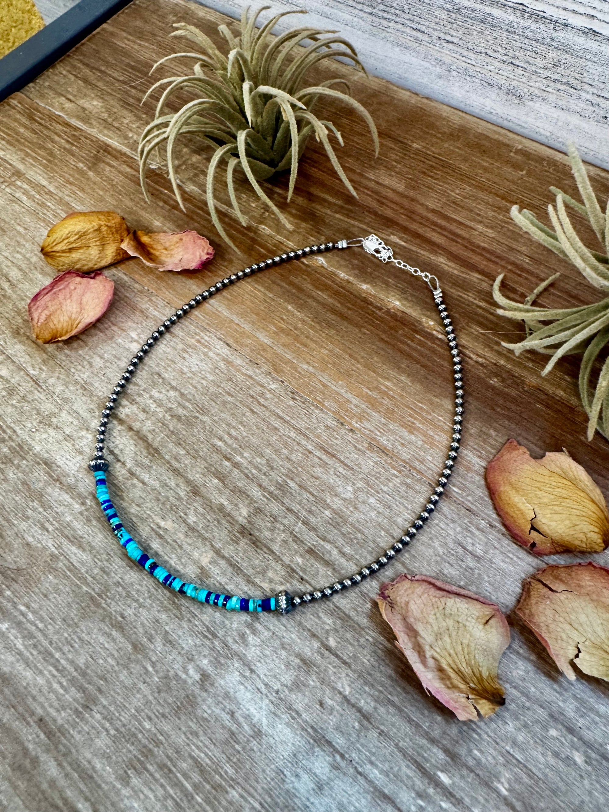 Lapis &amp; Turquoise Heishi Choker – 14" Sterling Silver Beads