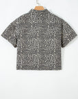 Leopard Denim Short Sleeve Button Up Cropped Shirt