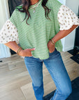 Floral Stripe Patchwork Puff Sleeve Round Neck Top