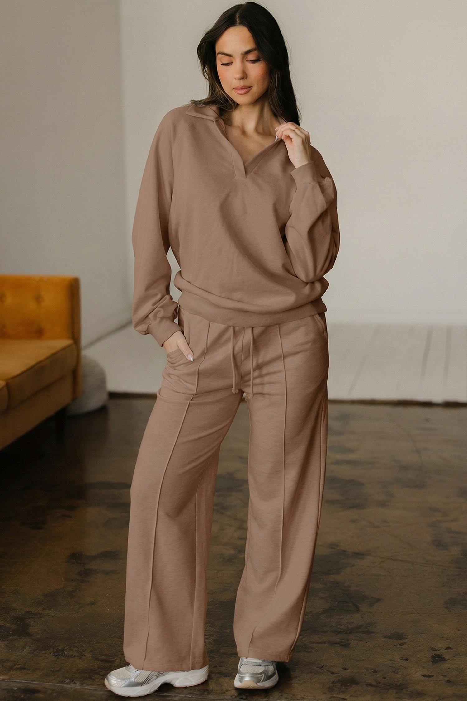 Solid V-Neck Pullover and Drawstring Sweatpants Set