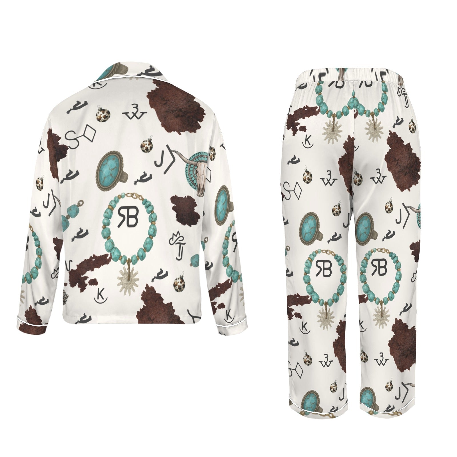 Baha Ranch Brands &amp; Turquoise Cowgirl Christmas Western Cowprint Satin Pajamas