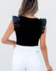 Aniyah Ruffle Patchwork Ribbed V Neck Bodysuit