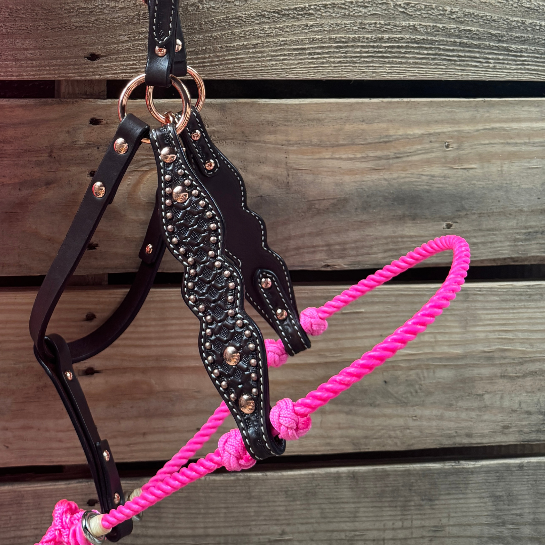 Hot Pink Honeycomb Tooled Lariat &amp; Leather Combo Halter