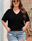 Plus Size Solid Corded Knit V-Neck T-Shirt