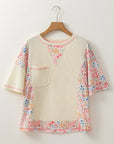 Floral Patchwork Chest Pocket Wide Sleeve T-Shirt