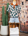 Leopard Buttoned Contrast Collar Short Sleeve Blouse