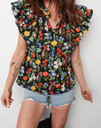 Flower Tiered Flutter Sleeve V-Neck Blouse