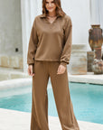 Solid V-Neck Top and High Waist Pants Set