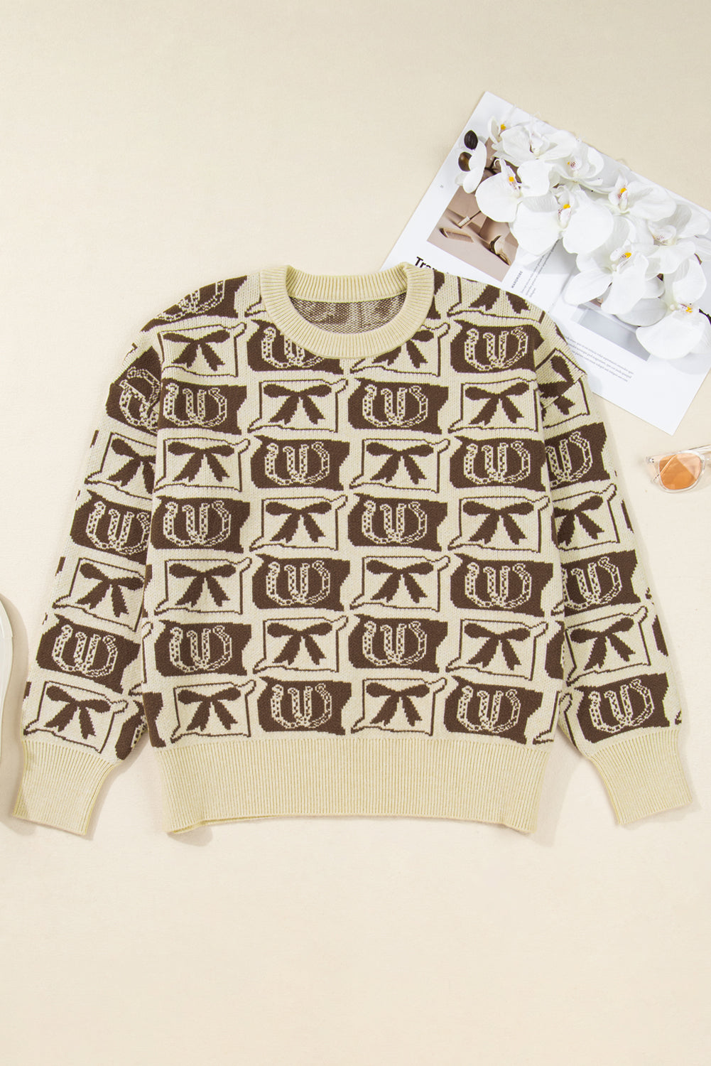 Plus Size Western Bows &amp; Horseshoes Long Sleeve Sweater