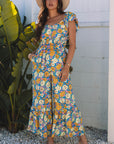 Floral Shirred High Waist Cut Out Jumpsuit