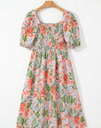 Floral Smocked Bust Bubble Sleeve Maxi Dress