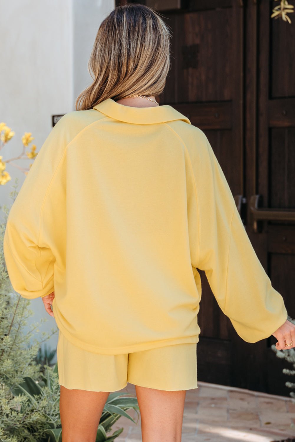 Solid Buttoned Collar Pullover &amp; Shorts Set