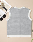 Stripe Contrast Trim Cap Sleeve Button-Up Cardigan