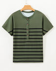 Stripe Half Buttoned Crewneck T-Shirt