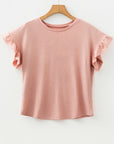 Solid Ribbed Knit Ruffle Short Sleeve T-Shirt