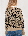 Leopard Lace Ribbed Trim Buttoned Cuff Sweater