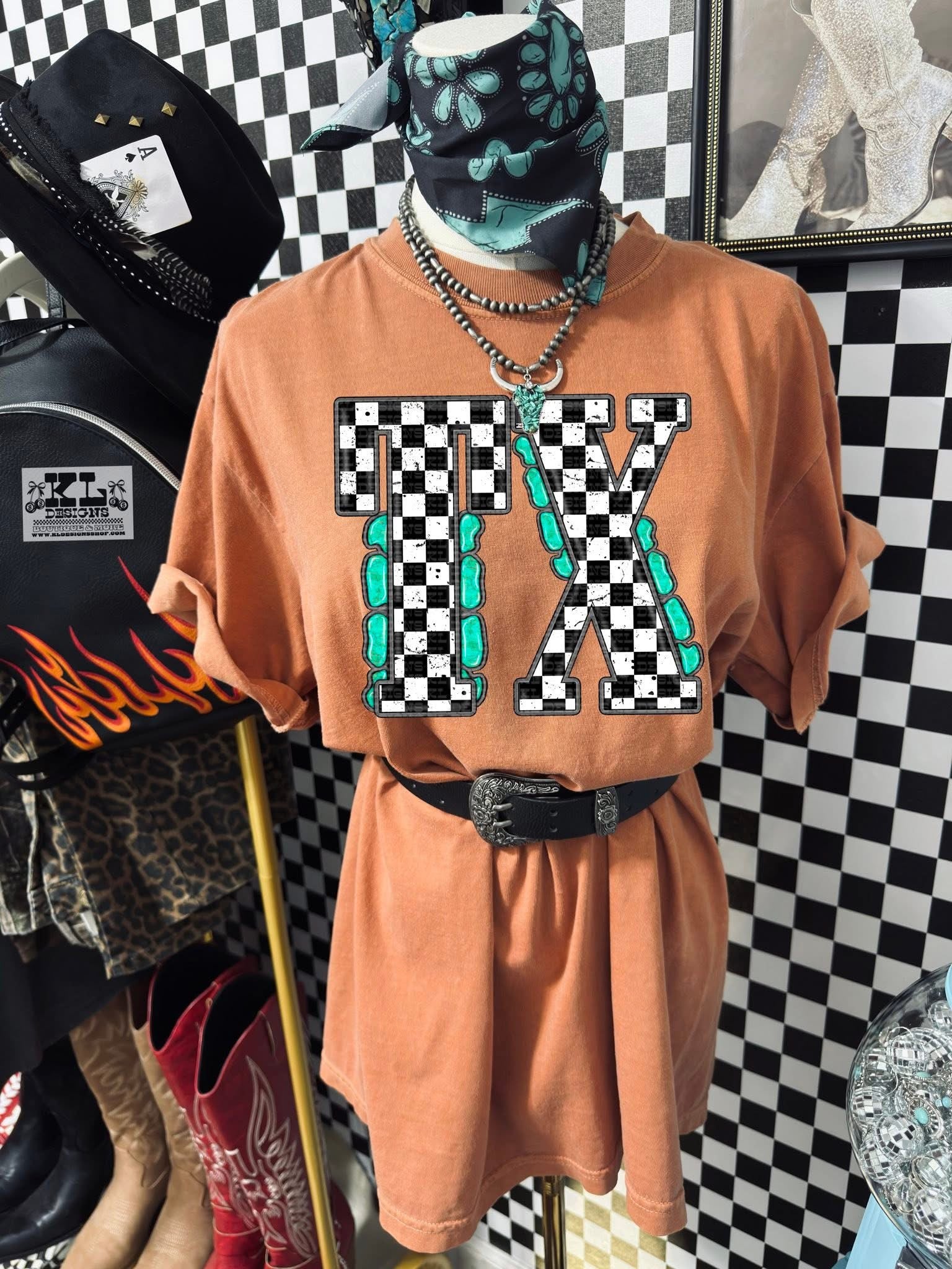 Checker &amp; turquoise TX tee or sweatshirt