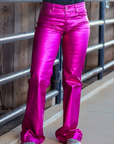 Fuchsia Metallic Trousers With Modern Silhouette For Everyday Wardrobe Essentials Edition