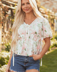 Alaiya Floral Puff Sleeve V Neck Tied Front Peplum Blouse