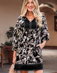 Floral Patchwork Split Neck 3/4 Sleeve Mini Dress