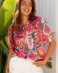 Floral Lace Up V-Neck Short Sleeve Blouse