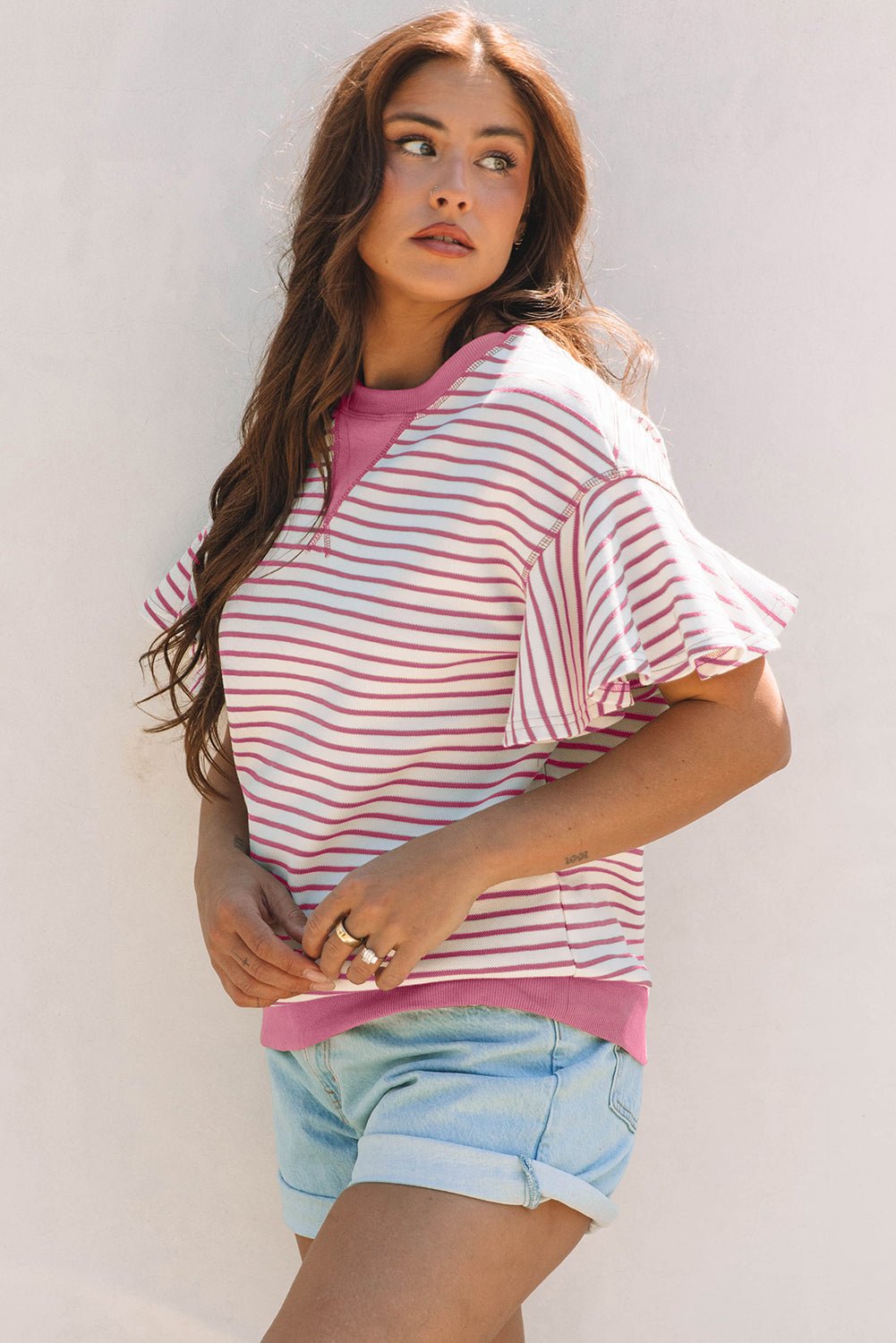Stripe Contrast Detail Ruffle Short Sleeve Top
