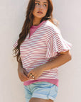 Stripe Contrast Detail Ruffle Short Sleeve Top