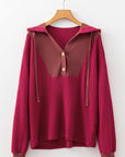 Waffle Patchwork Drop Shoulder Long Sleeve Hooded Top