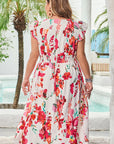 Plus Size Floral Ruffle Sleeve Buttoned Midi Dress
