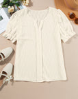 Solid Textured Notch Neck Puff Sleeve Blouse