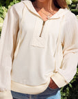 Solid Half-Zip Textured Patchwork Sleeve Hoodie