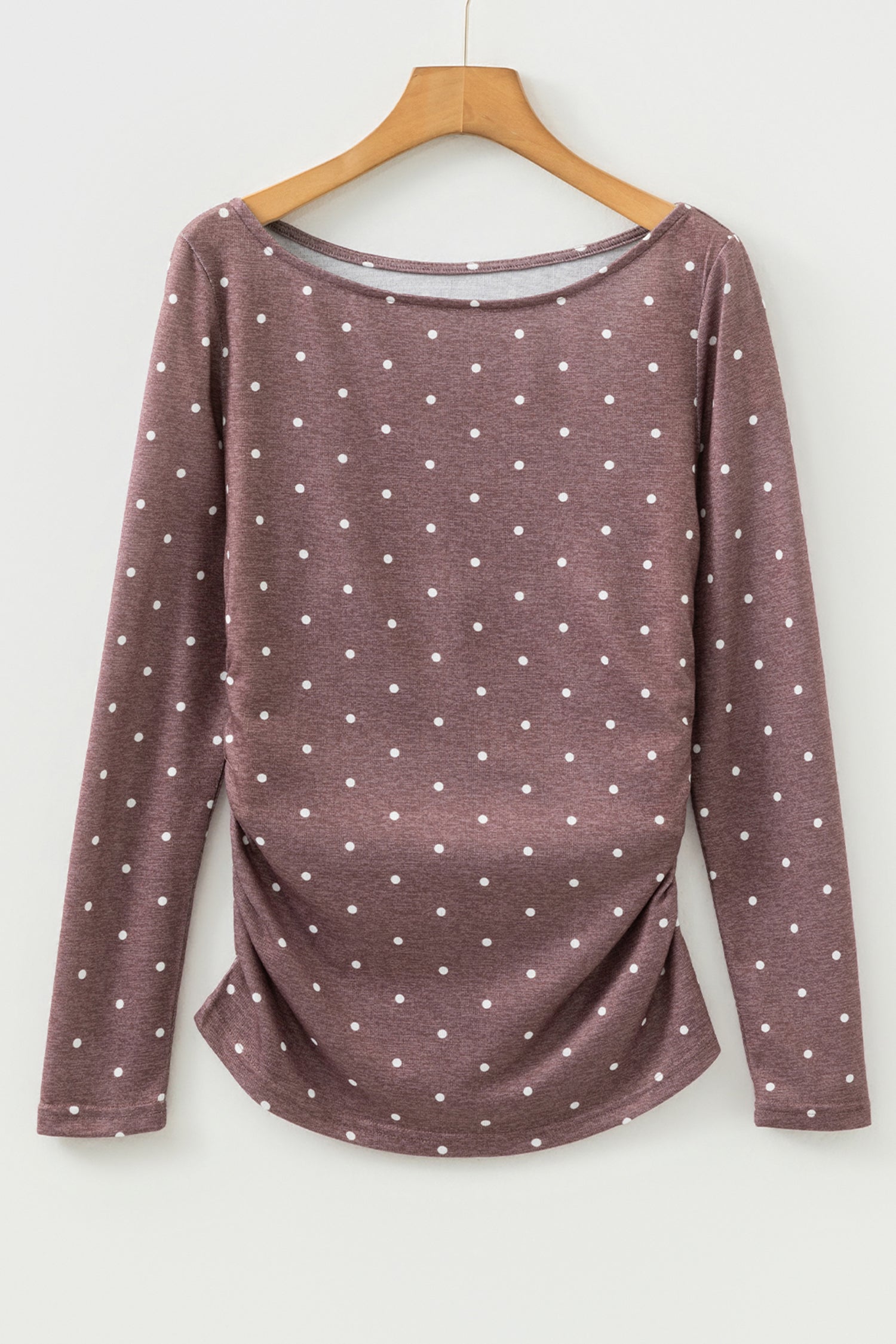 Polka Dot Boat Neck Long Sleeve Ruched T-Shirt