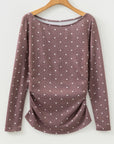 Polka Dot Boat Neck Long Sleeve Ruched T-Shirt